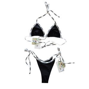 Bamba Triangle Halter Bikini Top (Large) & Tie Bottoms (Small) Black Logo Straps